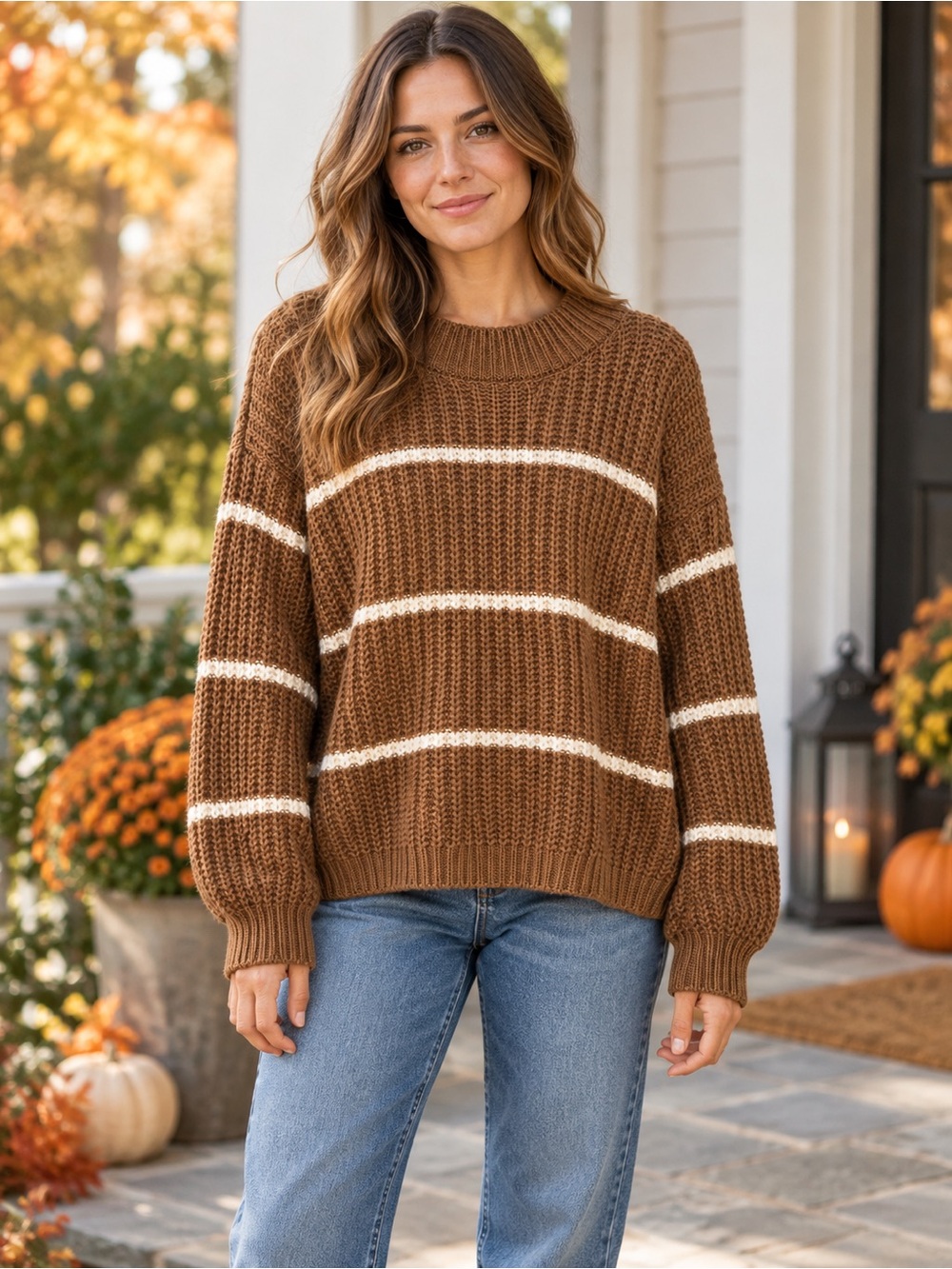 Zenana Outfitters Brown and Cream Striped Crewneck Sweater